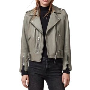 NWT All Saints Balfern Leather Moto Jacket in Duck Egg Blue, size US 4
